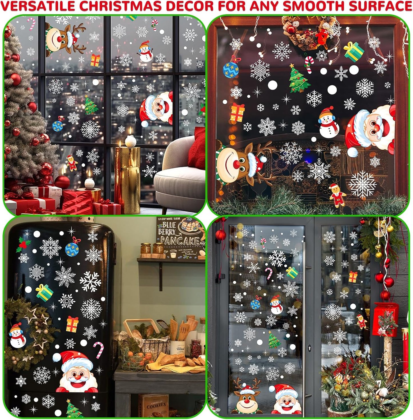 AOWDIAO Christmas Window Clings - 145 Pcs Xmas Glass Stickers, Santa, Snowflakes, Reindeer, Snowman - Winter Holiday Window Decorations for Festive Spirit