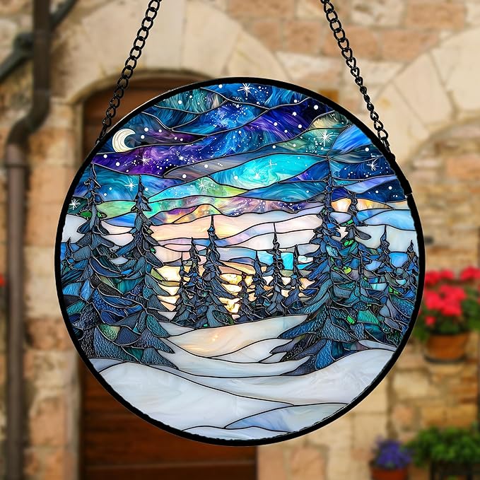 DASTOLL Stained Glass Window Hanging, Starry Sky Trees and Snow Sun Catchers - Image 3