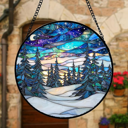 DASTOLL Stained Glass Window Hanging, Starry Sky Trees and Snow Sun Catchers - Image 2