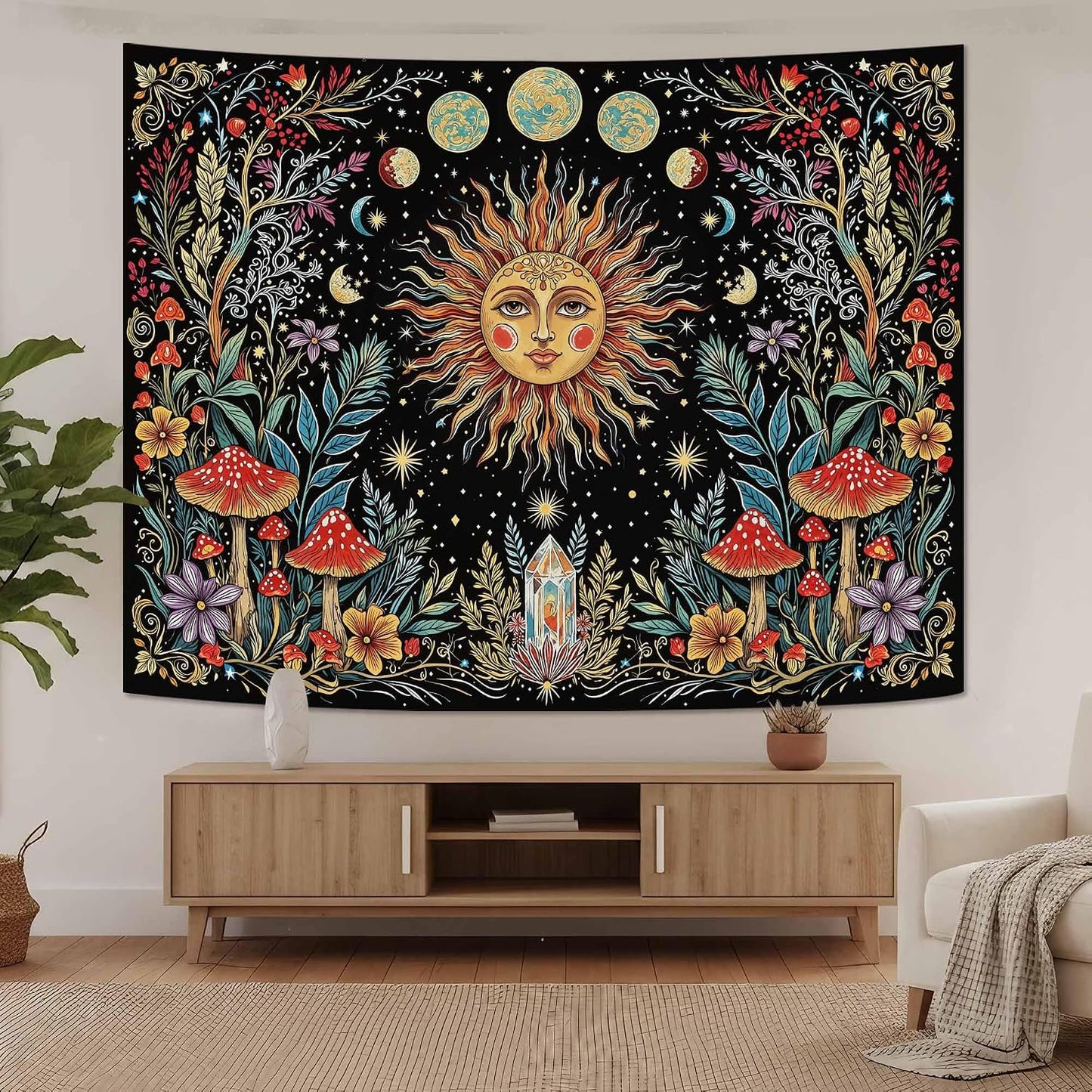 Accnicc Boho Sun and Moon Tapestry Hippie Mushroom Floral Wall Tapestry for Bedroom Aesthetic Vintage Plant Celestial Spiritual Small Tapestries Wall Hanging for Dorm Living Room Decor 48 x 36 Inch