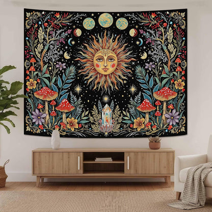Accnicc Boho Sun and Moon Tapestry Hippie Mushroom Floral Wall Tapestry for Bedroom Aesthetic Vintage Plant Celestial Spiritual Small Tapestries Wall Hanging for Dorm Living Room Decor 48 x 36 Inch