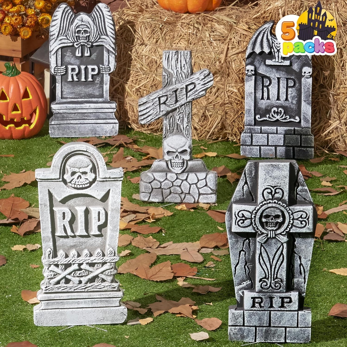 JOYIN 17” Halloween Foam RIP Graveyard Tombstones (5 Pack), Halloween Tombsto...