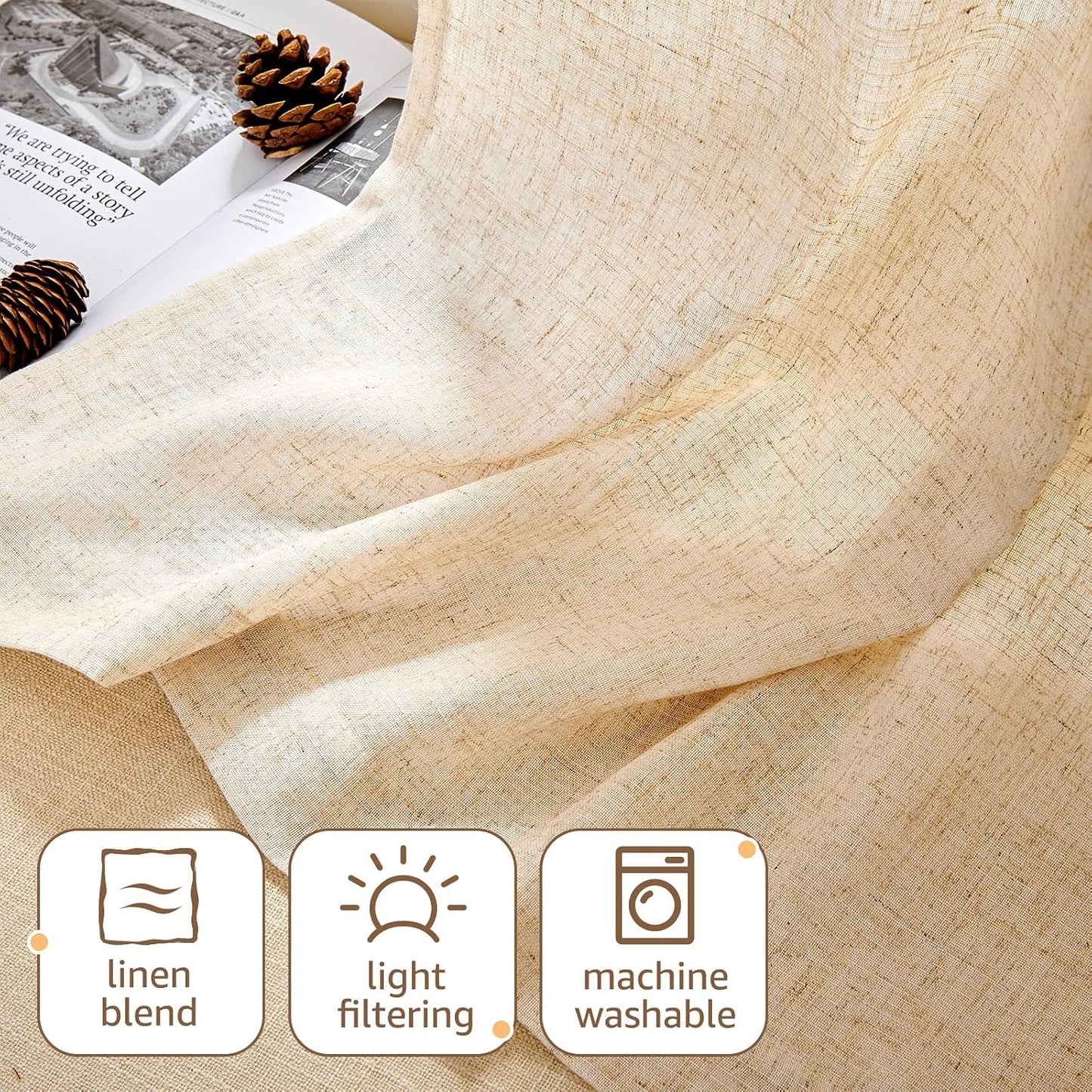 jinchan Linen Tie Top Curtains 36 Inch Length Farmhouse Cafe Curtains Set of 2 for Bedroom Bathroom Rustic Small Windows Light Filtering Crude Panels with Sage Green Ties