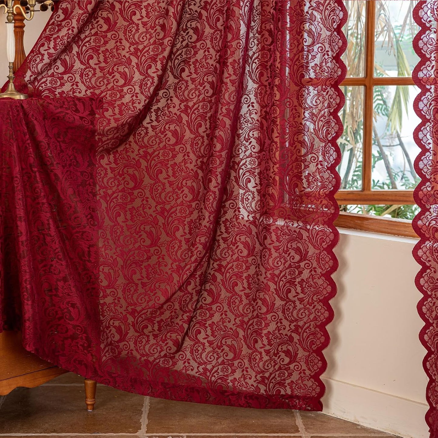 ALIGOGO Burgundy Sheer Curtains 63 Inch Length 2 Panels, Victorian Floral Red Lace Curtains for Bedroom, Embroidered Privacy Rod Pocket Scalloped Burgundy Home Décor, 52W x 63L Inch, Dark Red