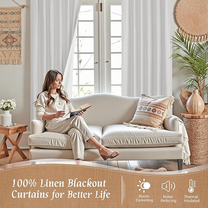 LAMIT 100% Blackout Natural Linen Curtains, 68 Inches Linen Textured Thermal - Image 2