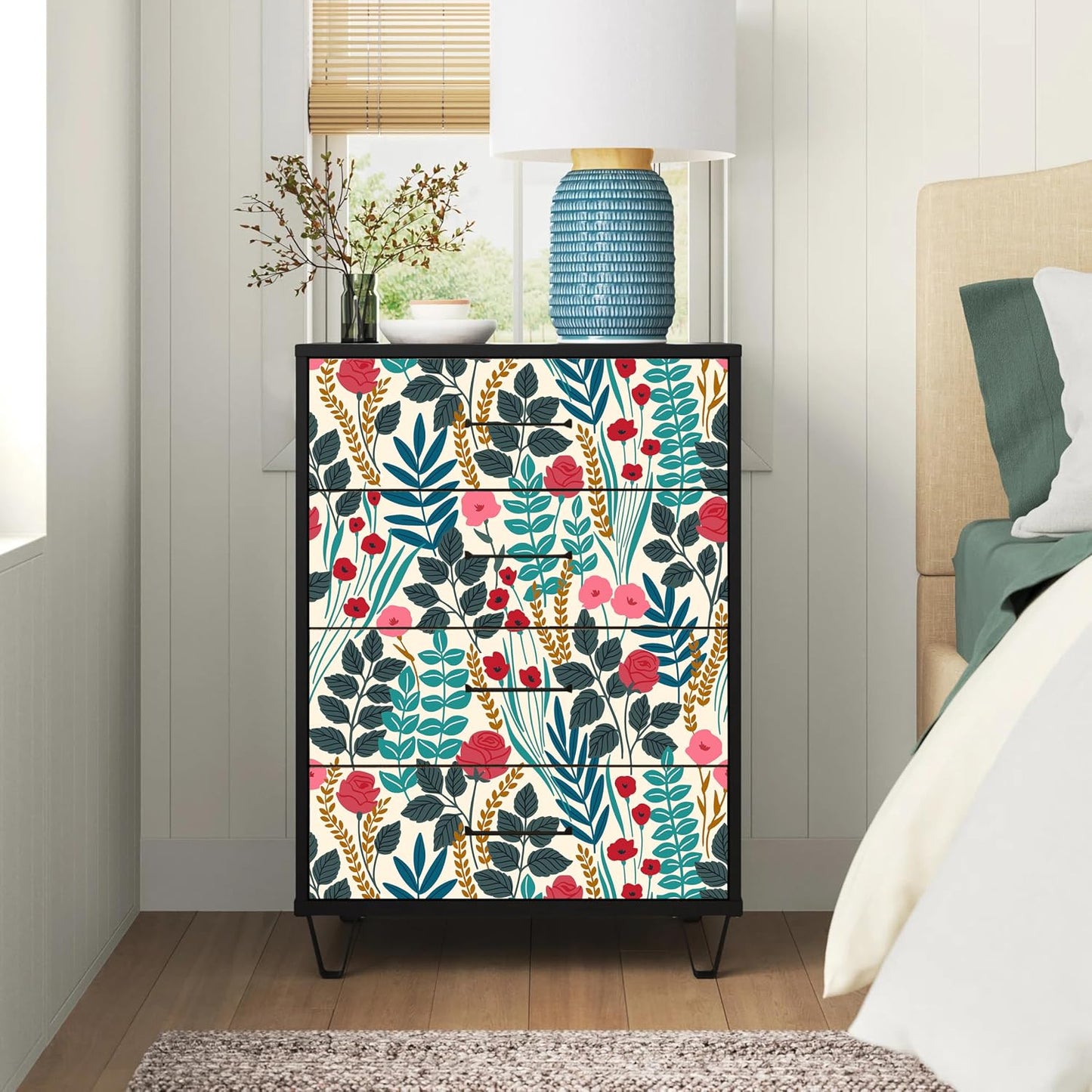 Floralplus Boho Wallpaper Peel and Stick Floral Wallpaper for Bathroom | Removable Renter Friendly Wallpaper Floral Tropical Leaf Contact Paper for Cabinet Home Decor, 17.5 x 118 in