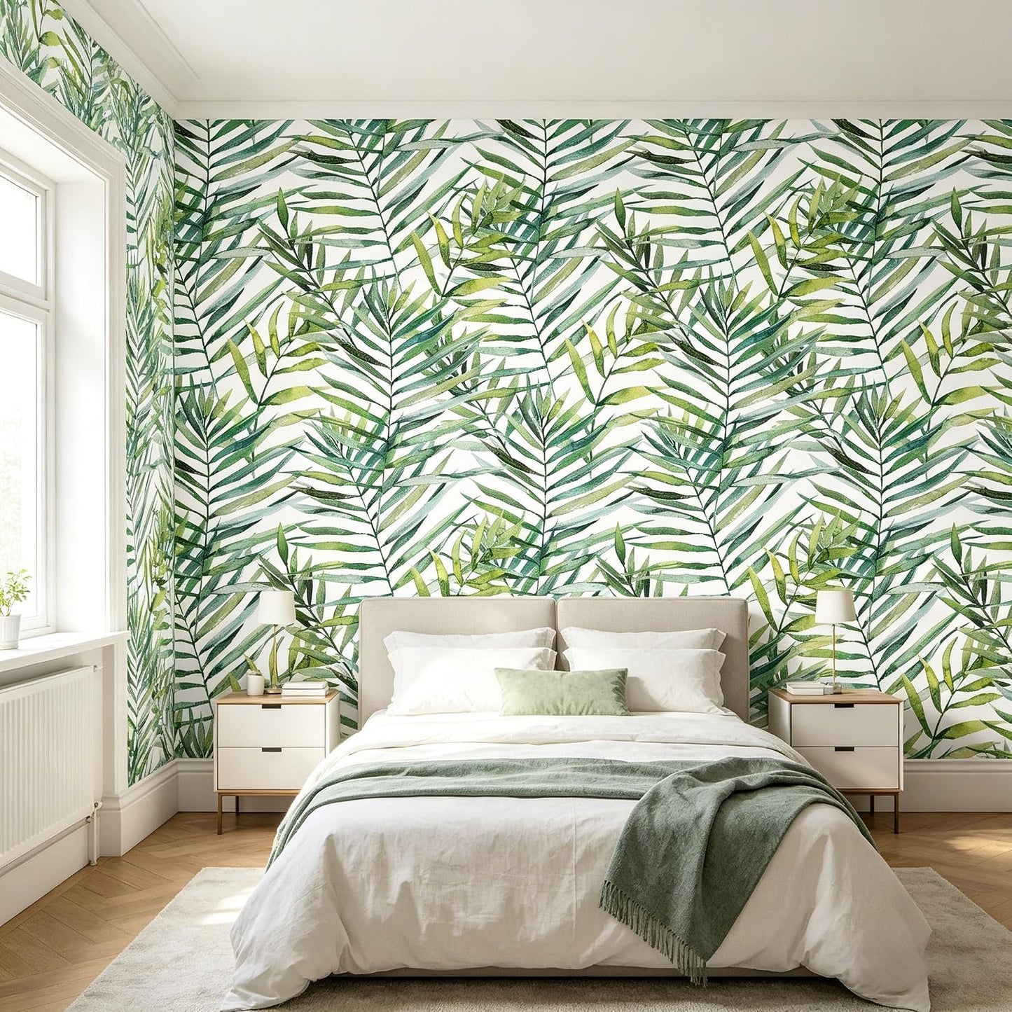 Tropical Watercolor Green Leaf Plants Peel and Stick | self adhesive Wallpaper - 96''x32''