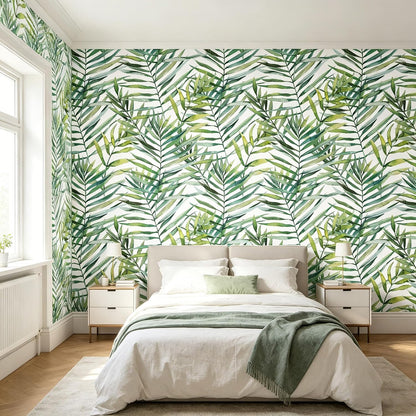Tropical Watercolor Green Leaf Plants Peel and Stick | self adhesive Wallpaper - 96''x32''