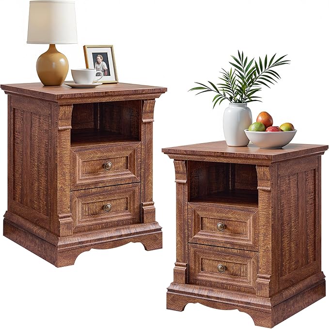 T4TREAM Farmhouse Nightstand Set of 2, Wooden End Table w/Roman Column by T4TREAMFurniture