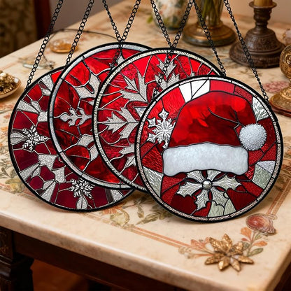 DASTOLL Stained Glass Window Hanging 4 Pcs Set Red Christmas Decorations Theme - Image 2