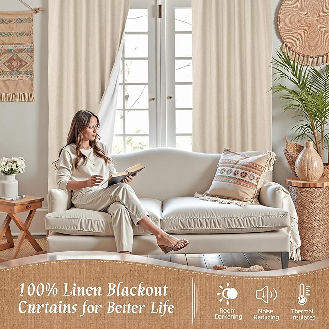 LAMIT 100% Blackout Natural Linen Curtains, 80 Inches Linen Textured Thermal - Image 2