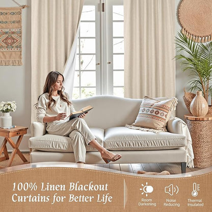 LAMIT 100% Blackout Natural Linen Curtains, 80 Inches Linen Textured Thermal - Image 2
