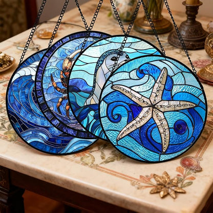 DASTOLL Stained Glass Window Hanging 4 Pcs Set Blue Ocean Waves 7.8" - Image 2