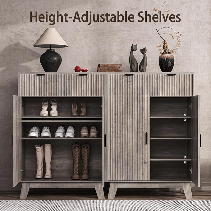 Fluted Shoe Cabinet, 4-Tier Mid Century Modern Narrow Shoe Storage Cabinet - Image 3