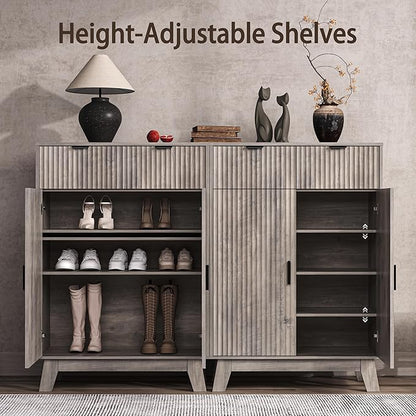 Fluted Shoe Cabinet, 4-Tier Mid Century Modern Narrow Shoe Storage Cabinet - Image 3
