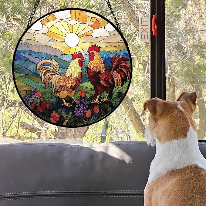 AMDERVEN Stained Glass Window Hanging, Countryside Scenery Chicken Sun Catcher - Image 4