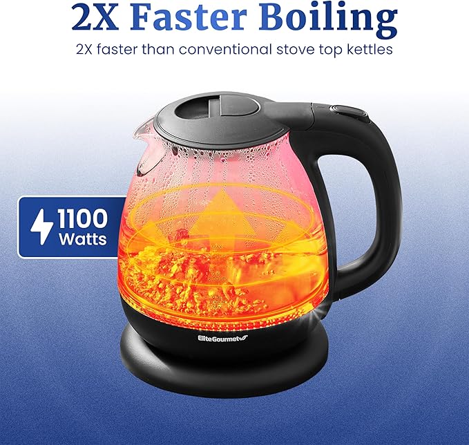 Elite Gourmet EKT1001B Electric 1.0L BPA-Free 1100W Glass Kettle Cordless 360° - Image 2