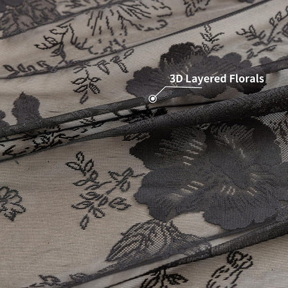 Black Lace Curtains 84 Inch Long Vintage Floral Sheer Drapes | for Living Room & Bedroom - Gothic Style Decor Light Filtering Scalloped Edges Curtains with Rod Pocket - 2 Panels, 55 x 84