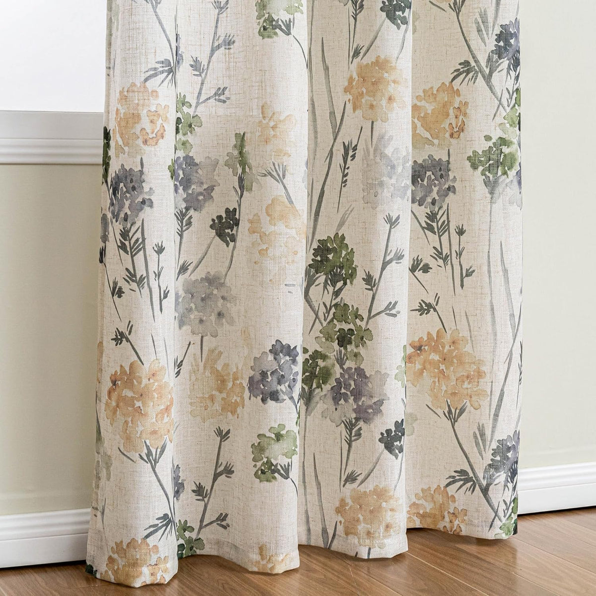 MYSKY HOME Sage Green Floral Linen Spring Curtains 84 inch Long 2 Panels Set Semi Sheer Light Filtering Farmhouse Flower Pattern Grommet Top for Living Room Bedroom, 52" W Each Panel