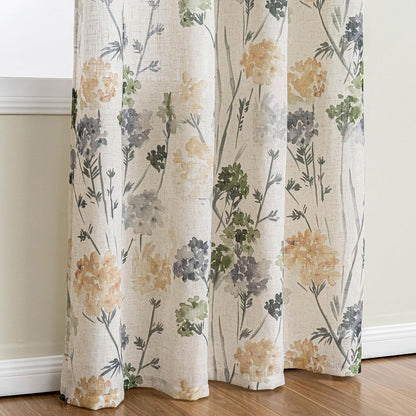 MYSKY HOME Sage Green Floral Linen Spring Curtains 84 inch Long 2 Panels Set Semi Sheer Light Filtering Farmhouse Flower Pattern Grommet Top for Living Room Bedroom, 52" W Each Panel