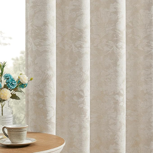 Beauoop Beige Floral Jacquard Blackout Curtains 63 Inches Long 2 Panels by Beauoop