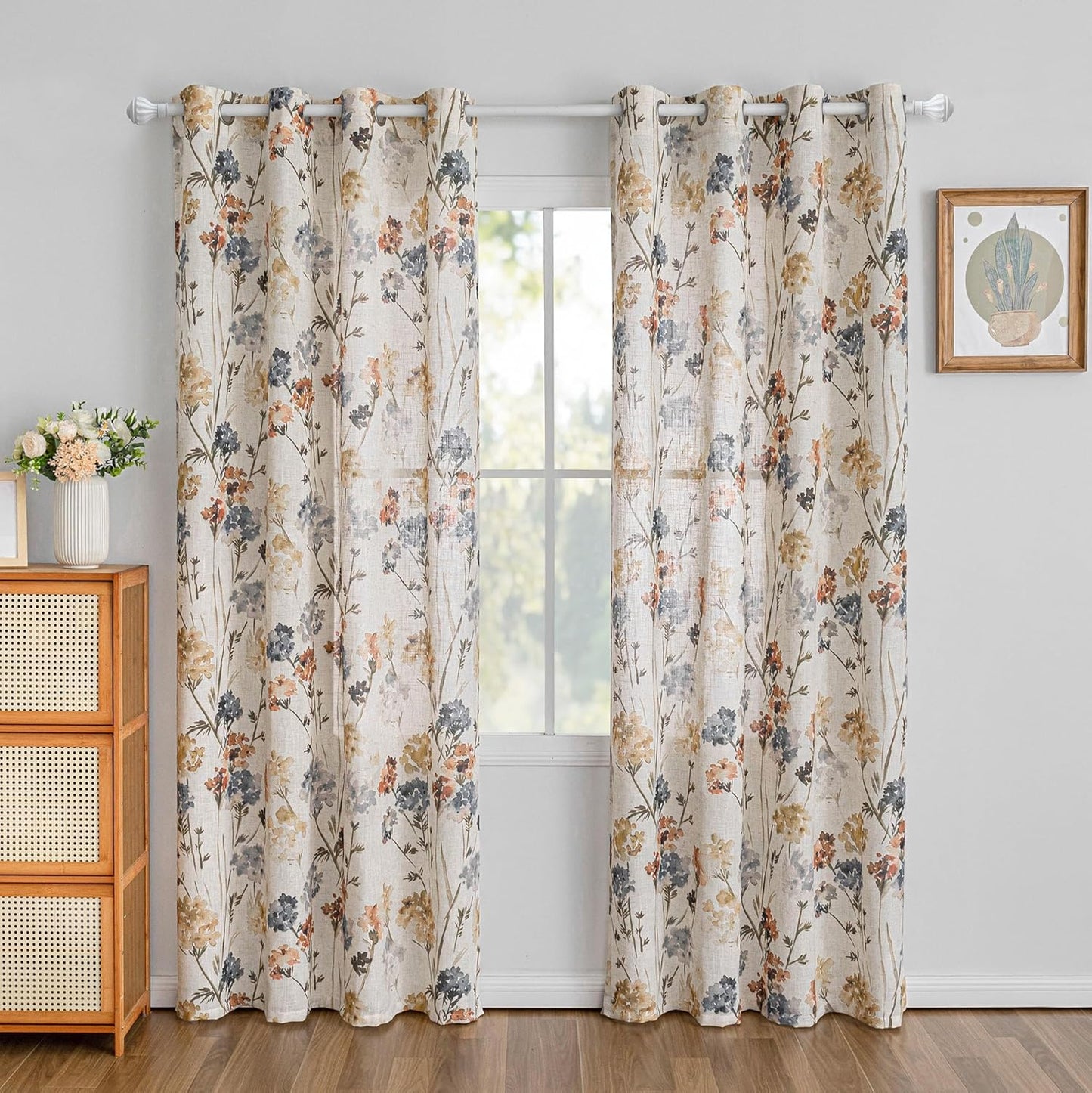 MYSKY HOME Floral Linen Curtains 84 inch Length 2 Panels Set Summer Flower Patterned Semi Sheer Light Filtering Privacy Farmhouse Grommet Drapes for Living/Dining Room, Yellow, W52 x L84, Pack-2