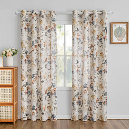 MYSKY HOME Floral Linen Curtains 84 inch Length 2 Panels Set Summer Flower Patterned Semi Sheer Light Filtering Privacy Farmhouse Grommet Drapes for Living/Dining Room, Yellow, W52 x L84, Pack-2