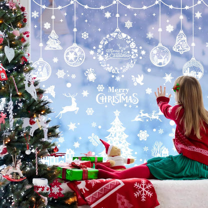 AhfuLife Christmas Window Clings, 244 PCS Reusable Christmas Window Stickers for Glass, 9 Sheets Double Sided Snowflake Xmas Trees Garland Stickers for Xmas Party