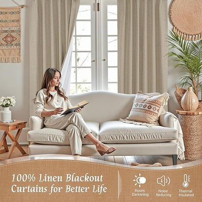 LAMIT 100% Blackout Linen Curtains, 63 Inches Linen Textured Thermal Bedroom - Image 2