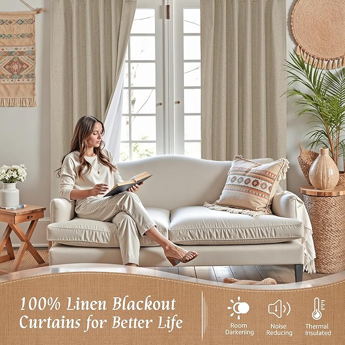 LAMIT Natural 100% Blackout Linen Curtains, 54 Inches Linen Textured Thermal - Image 2