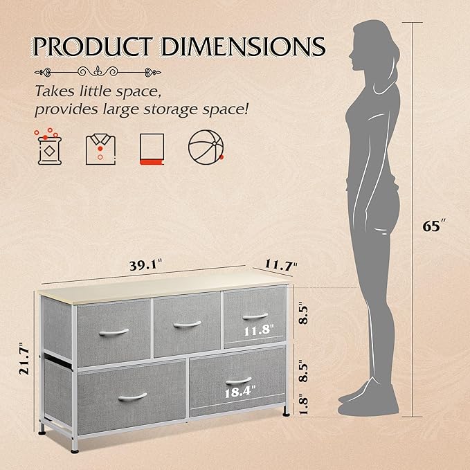 WLIVE Dresser for Bedroom with 5 Drawers, Wide Chest of Drawers, Fabric Dresser - Image 3