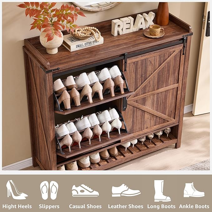 OKD Shoe Storage Cabinet with 2 Flip Drawers & Sliding Door, Farmhouse Entryway - Image 4