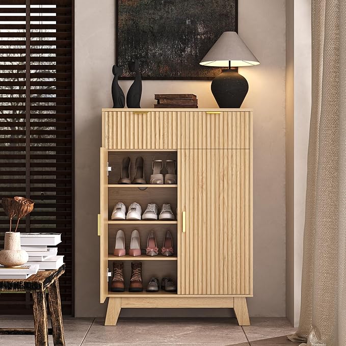 Fluted Shoe Cabinet, 4-Tier Mid Century Modern Narrow Shoe Storage Cabinet - Image 8