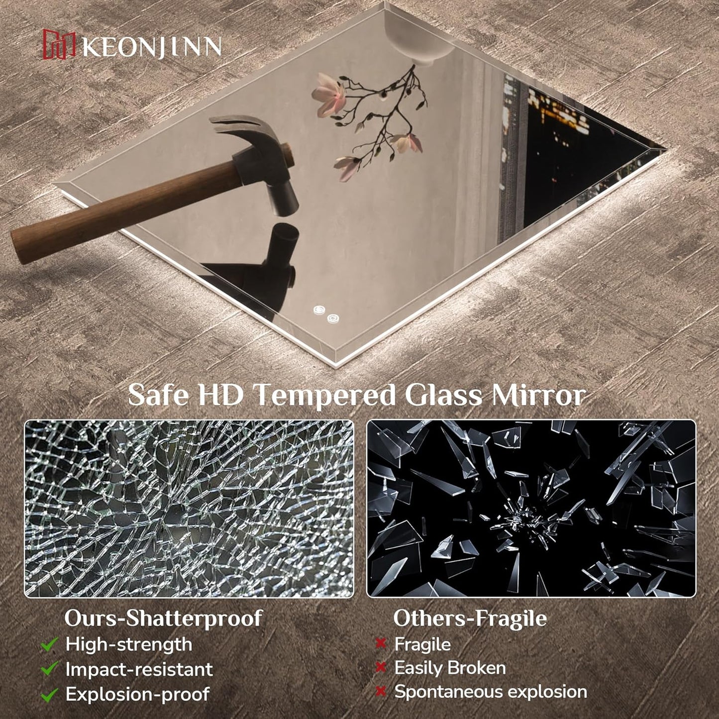 Keonjinn 40"x30" LED Backlit Mirror, Lighted Bathroom Mirrors for Over Sink | Tempered Glass Beveled Edge, Dimmable 3 Color Lights, Defogging, Memory Function, Effortless French Cleat Installation, Salon