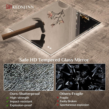 Keonjinn 40"x30" LED Backlit Mirror, Lighted Bathroom Mirrors for Over Sink | Tempered Glass Beveled Edge, Dimmable 3 Color Lights, Defogging, Memory Function, Effortless French Cleat Installation, Salon