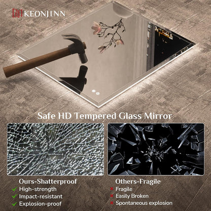 Keonjinn 28" x 36" LED Backlit Mirror, HD Tempered Glass with Beveled Edge | 3 Color Temperature, Auto-OFF Defogging, Dimmable, Easy French Cleat Installation, Rectangle LED Bathroom Mirror with Lights