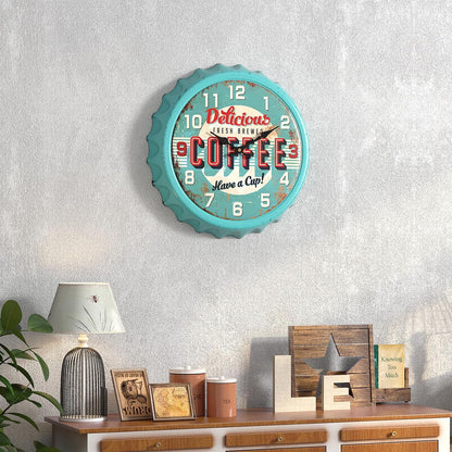 Menterry Bottle Cap Design Iron Retro Wall Clock,13" Blue Vintage Style | Silent Non-Ticking Battery Operated Creative Antique Decor Wall Clocks for Cafes,Farmhouse,Office,Kitchen