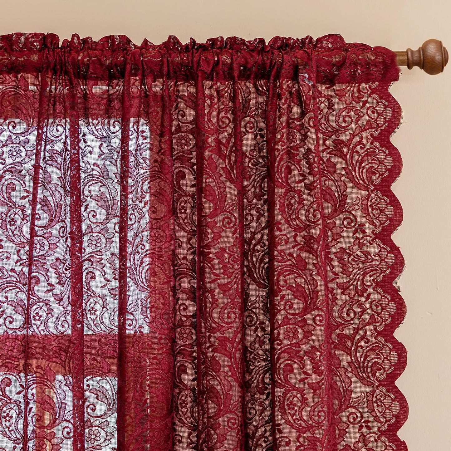 ALIGOGO Burgundy Sheer Curtains 63 Inch Length 2 Panels, Victorian Floral Red Lace Curtains for Bedroom, Embroidered Privacy Rod Pocket Scalloped Burgundy Home Décor, 52W x 63L Inch, Dark Red