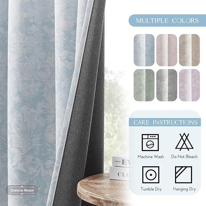 Beauoop Blue Floral Jacquard Blackout Curtains 84 Inches Long - Image 8