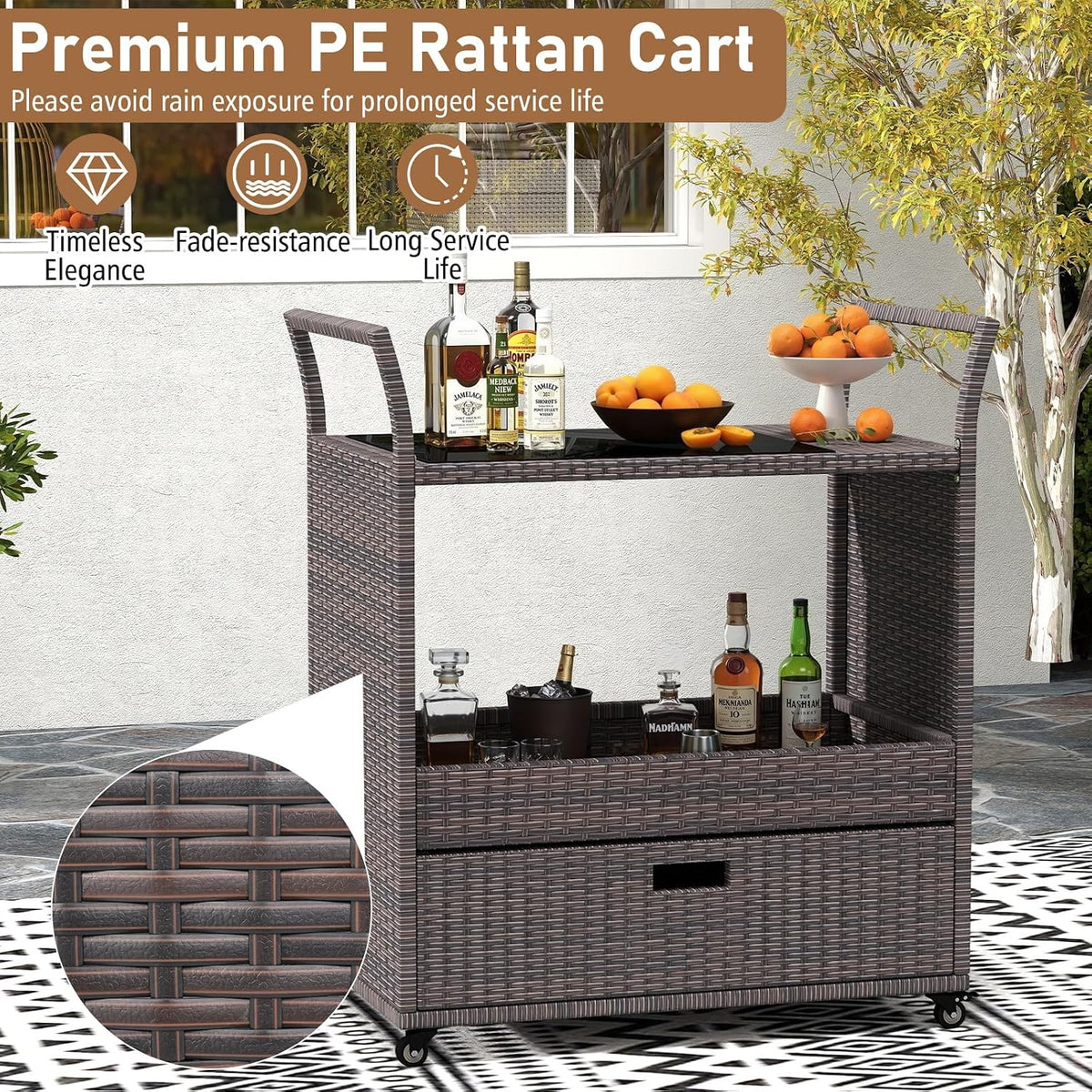 Tangkula Rolling Rattan Bar Cart,Bar Counter Table with Tempered Glass Top