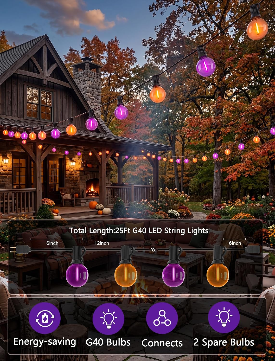 25FT G40 LED Outdoor Halloween String Lights, Orange and Purple Halloween Dec...