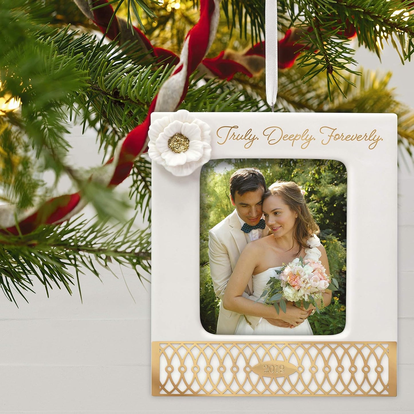 Hallmark Keepsake Christmas 2019 Wedding Ornament, Year Dated Truly. Deeply. Forever. Porcelain and Metal Photo Frame,