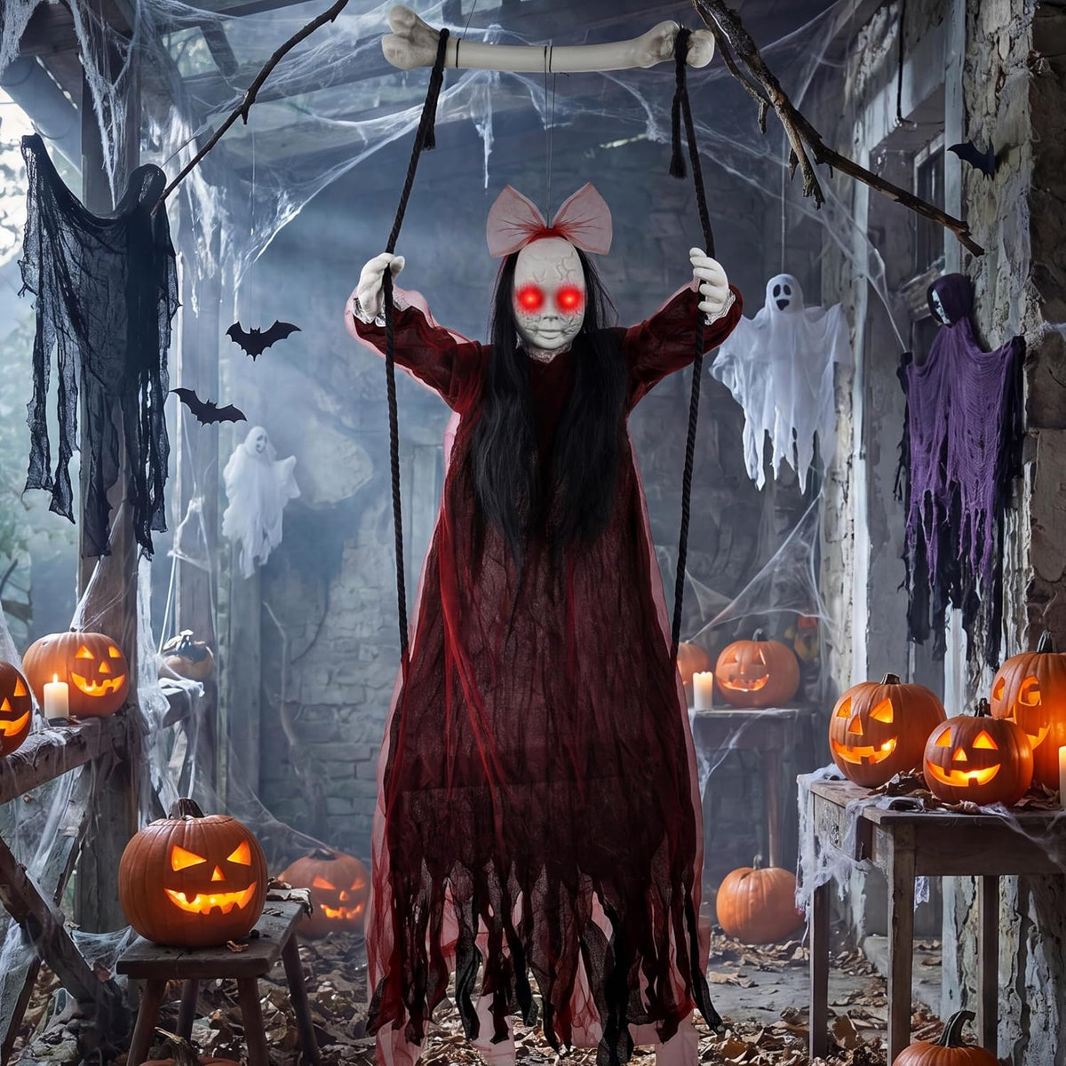 Halloween Decorations Outdoor, Creepy 57” Hanging Swinging Ghost Doll Girl, S...