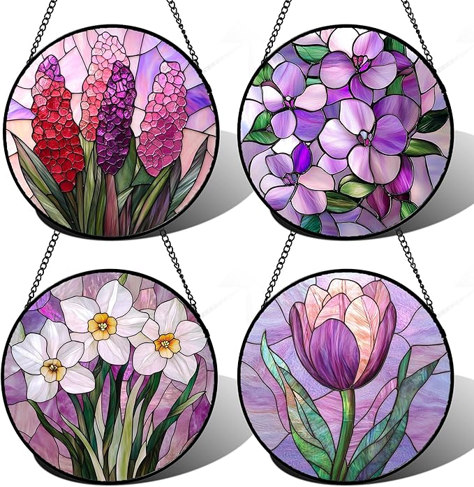 DASTOLL Stained Glass Window Hanging 4 Pcs Set Purple Flower Theme Large 11.8" by DASTOLL