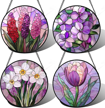 DASTOLL Stained Glass Window Hanging 4 Pcs Set Purple Flower Theme Large 15" by DASTOLL