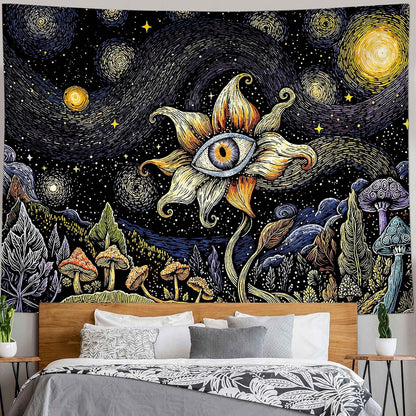 Yeoiat Tapestry Cosmic Flower Tapestries Mushroom Landscape Wall Hanging Starry Night Visionary Botanical Art Decor Bedroom Dormitory 48"x36"