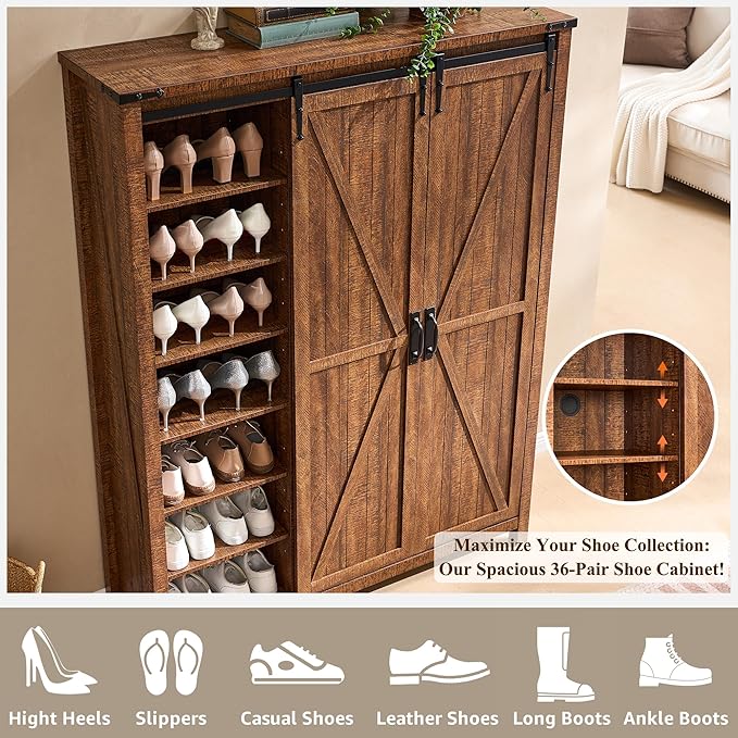 OKD Storage Cabinet with 2 Sliding Door, 7-Tier 62" Tall Farmhouse Entryway - Image 4