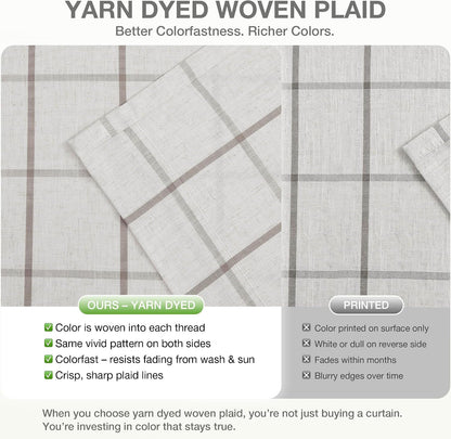 Vision Home Tan Plaid Linen Pinch Pleated Full Tanout Curtains Checkered Thermal Insulated Window Panels 90 inch for Bedroom Living Room Light Blocking Rustic Pleat Drapes with Hooks 40" Wx90 Lx2