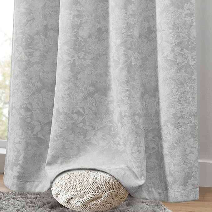 Beauoop Grey Floral Jacquard Blackout Curtains 63 Inches Long 2 Panels - Image 7