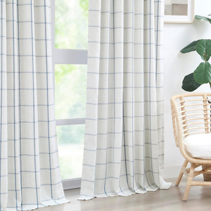 Vision Home Blue Plaid Linen Pinch Pleated Full Blackout Curtains Checkered Thermal Insulated Window Panels 90 inch for Bedroom Living Room Darkening Rustic Pinch Pleat Drapes with Hooks 40" Wx90 Lx2